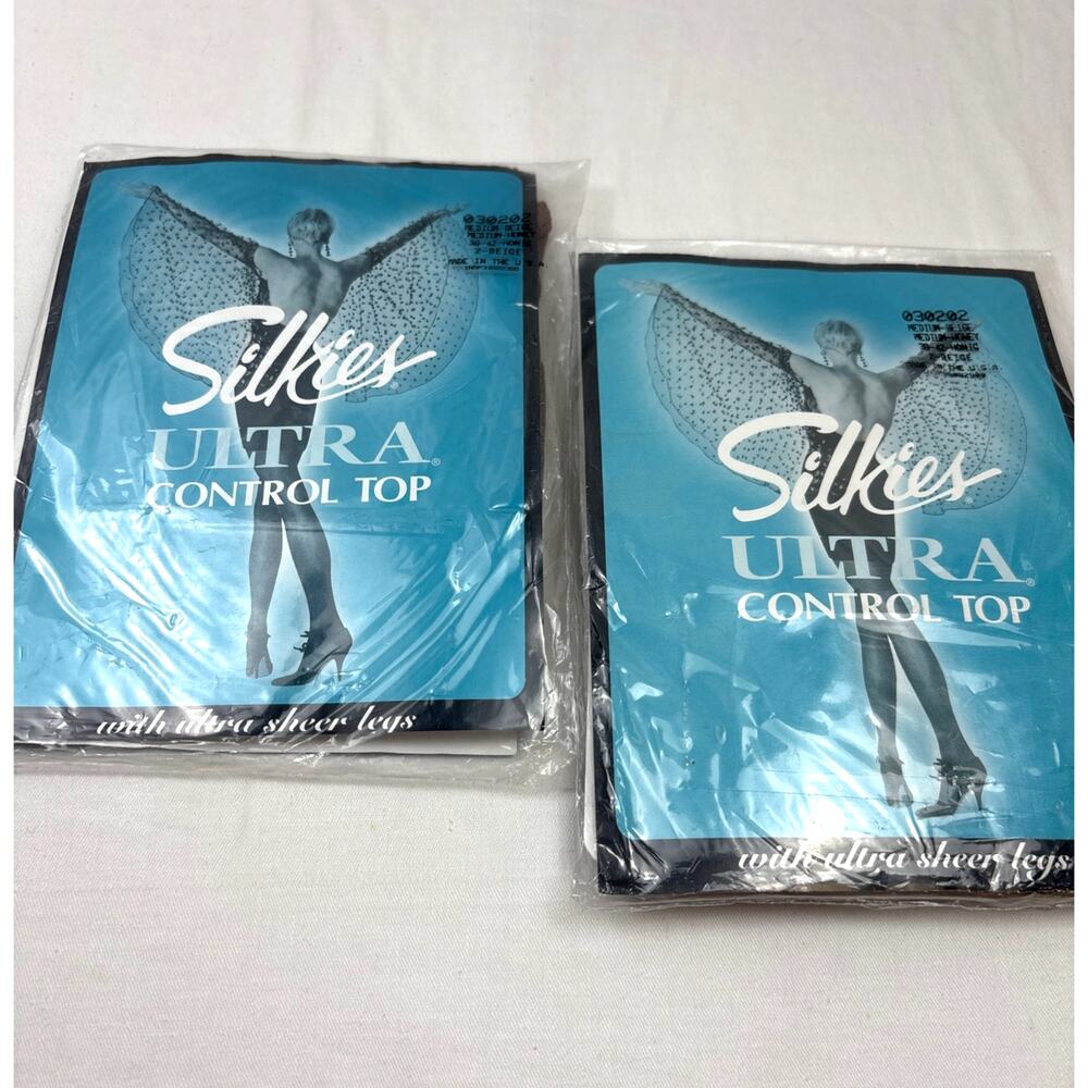 Silkies Ultra Sheer Legs Control Top Pantyhose Honey Beige Medium Vintage 2 Pair